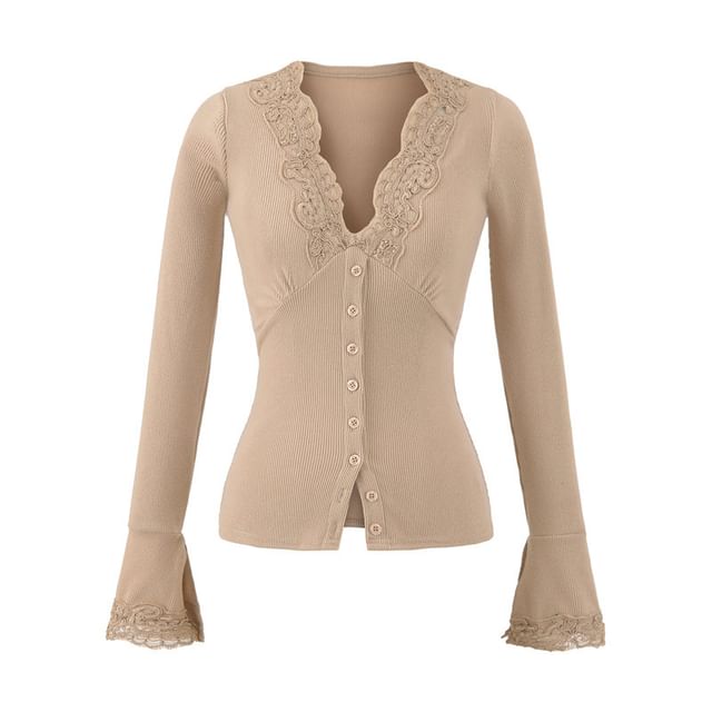 Long-Sleeve Top with Lace Trim and V-Neck in Solid Color