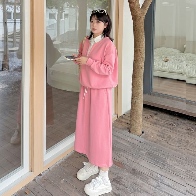 Two-Tone Collared Sweatshirt with Midi A-Line Skirt Set