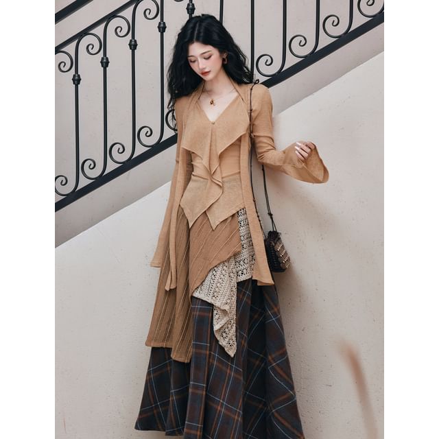 V-Neck Ruffle Top & Plaid A-Line Maxi Skirt Set