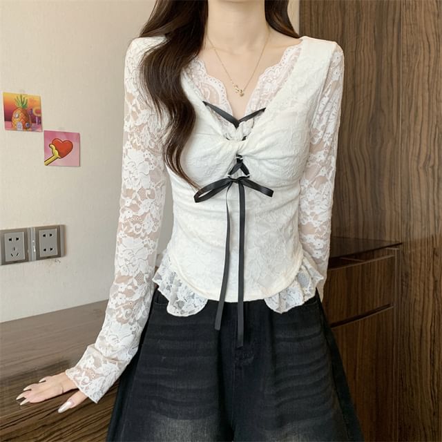 Slim-Fit Top with V-Neck, Long Sleeves, Bow Accent, and Twisted Lace Detail
