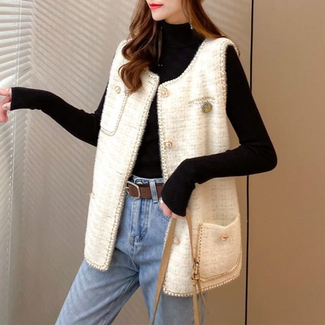 Tweed Round-Neck Vest with Faux Pearl Buttons