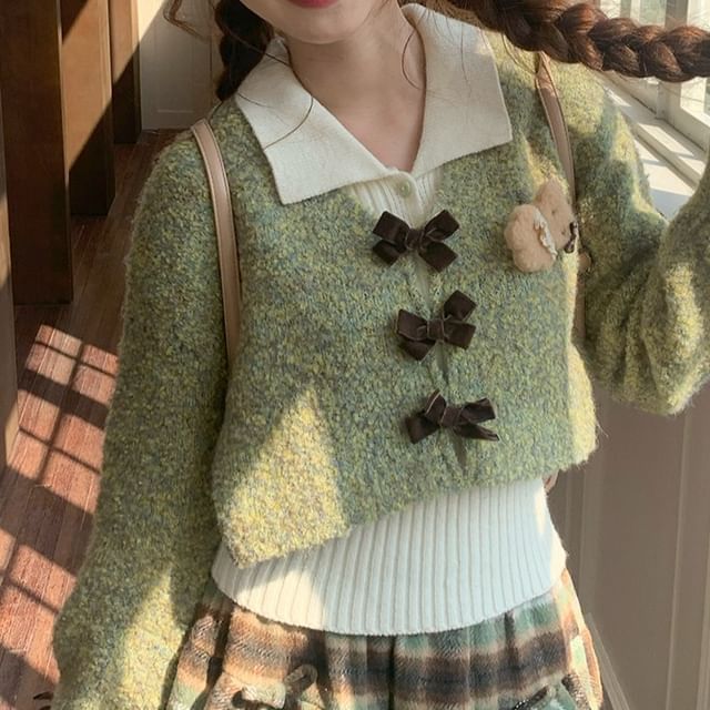 Melange Cropped Cardigan with Plaid Pleated Mini Skirt and Collared Top