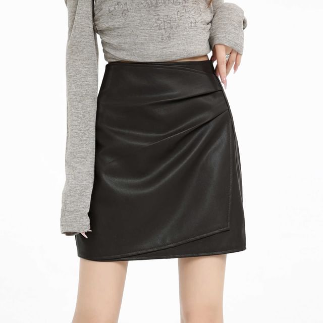 Solid Asymmetrical Ruched Faux Leather Mini Pencil Skirt High Waist