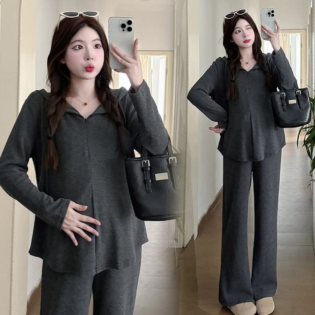 Maternity Hoodie and Pants Set with Half-Zip Drawstring and High-Waist Loose Fit