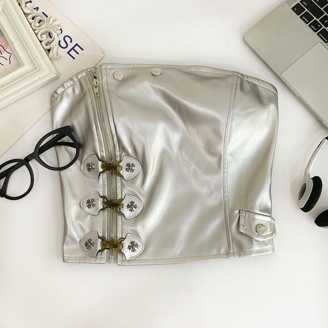 Faux Leather Asymmetric Zip-Up Buckled Tube Top