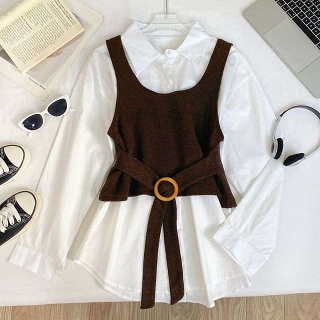 Long-Sleeve Solid Button-Up Shirt and Buckled Tank Top Set