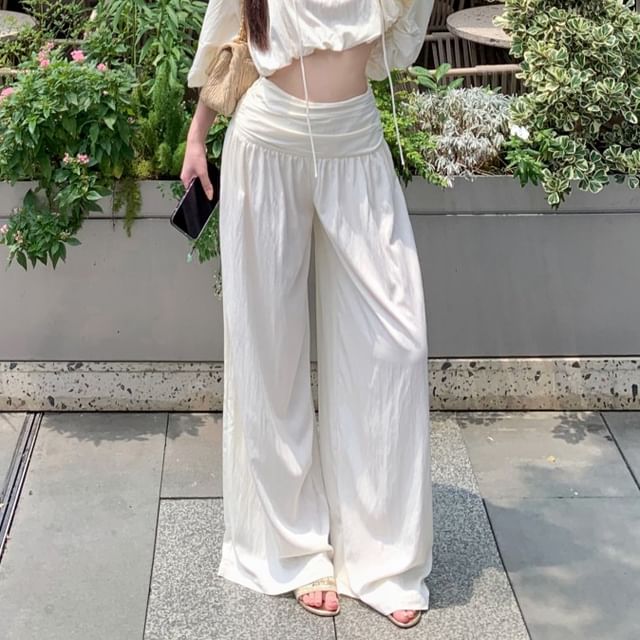 Cropped Blouse with Long Sleeves and V-Neck, Paired with High-Rise Wide-Leg Pants