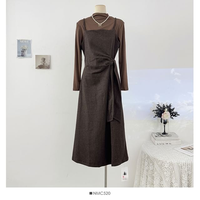 Set: Long Sleeve Mock Neck Plain T-Shirt + Spaghetti Strap Tie-Waist Midi A-Line Dress