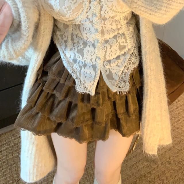 Fluffy Trim Hooded Cardigan & Lace Crop Camisole & Lace Trim Mini Skirt Set