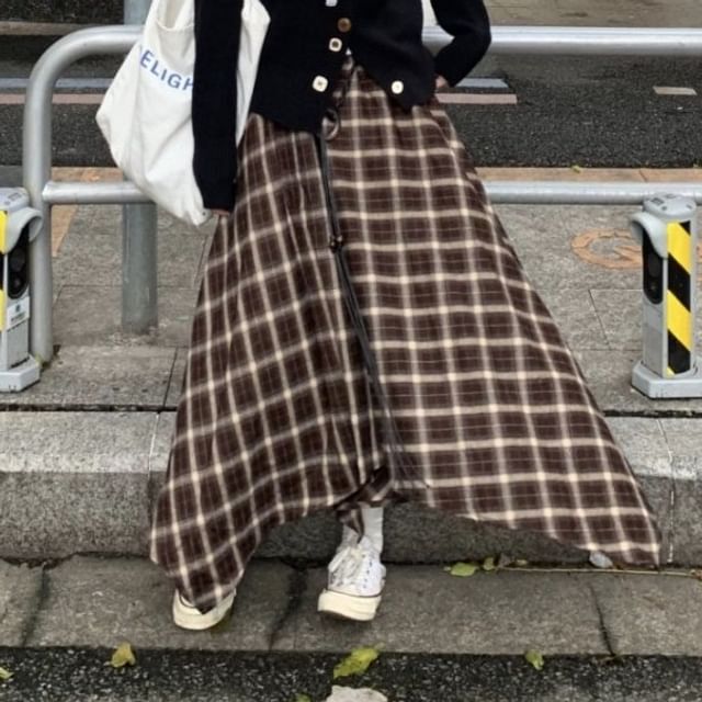 Crew Neck Button-Up Cardigan & Plaid Midi A-Line Skirt Set