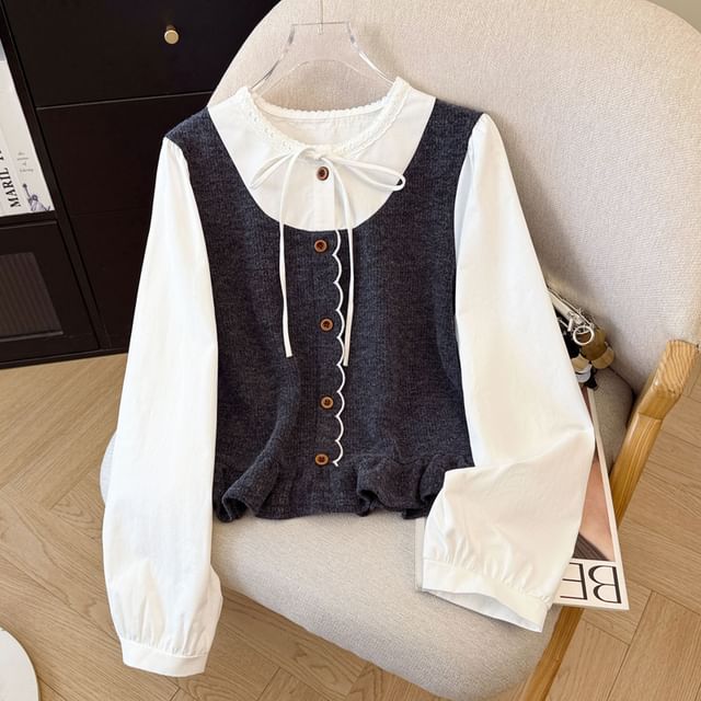 Plaid Panel Ruffle-Trim Round-Neck Long-Sleeve Blouse