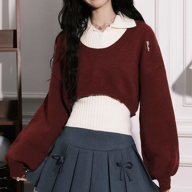 Set: V-Neck Cropped Solid Sweater + Sleeveless Knit Polo