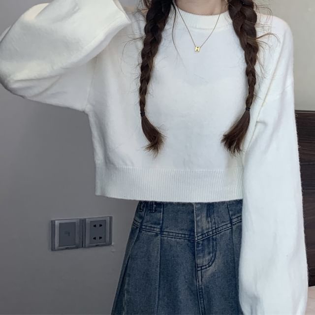 Crewneck Cropped Solid Knit Sweater