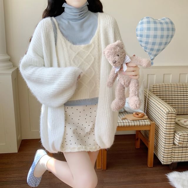 Plain Ribbed Open Front Cardigan