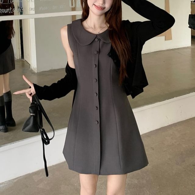 Sleeveless Collar Plain Button Mini A-Line Dress / Cardigan – Gemi Glitz