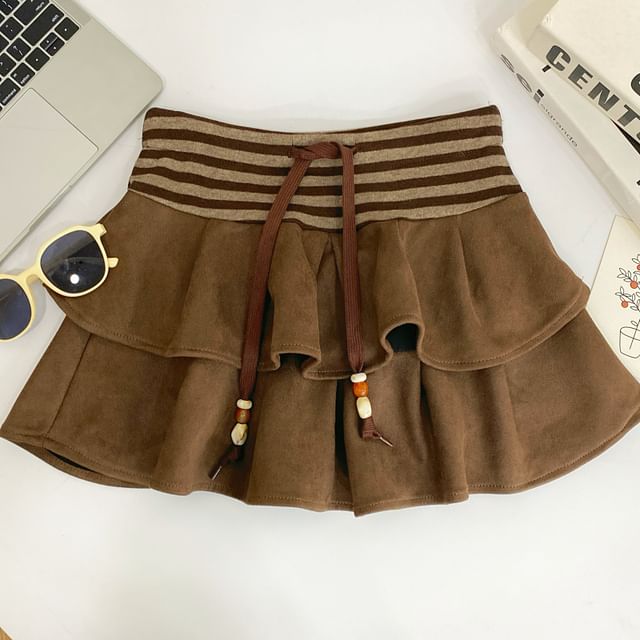 Striped Ruffle Panel Faux Suede Mini A-Line Skirt Drawstring Waist