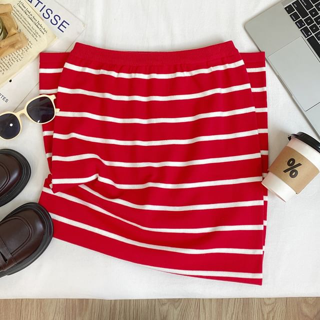 Striped Knit Maxi Pencil Skirt with Slit High Waist
