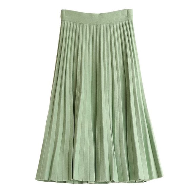 Solid Knit Pleated Midi Skirt High Rise