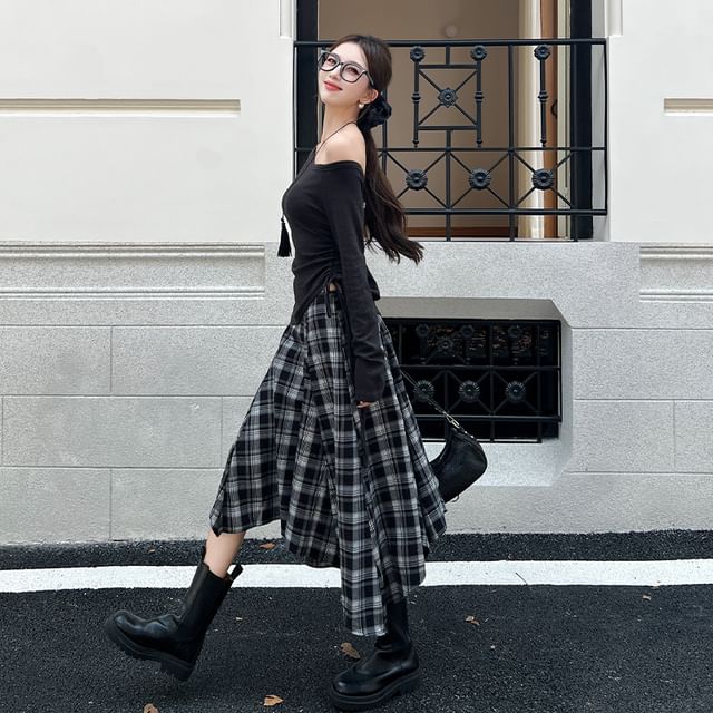 Off Shoulder Tie Waist Tee & High Rise Plaid Midi Skirt Set