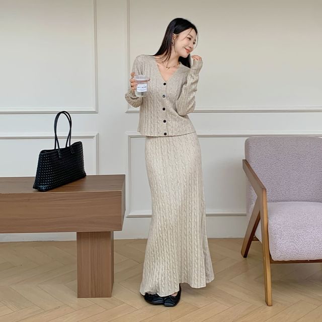 V-Neck Cable Knit Cardigan & High Rise Maxi A-Line Skirt Set