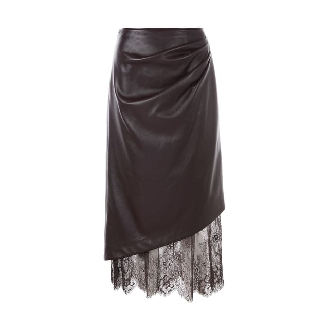 Lace Panel Faux Leather Midi Pencil Skirt