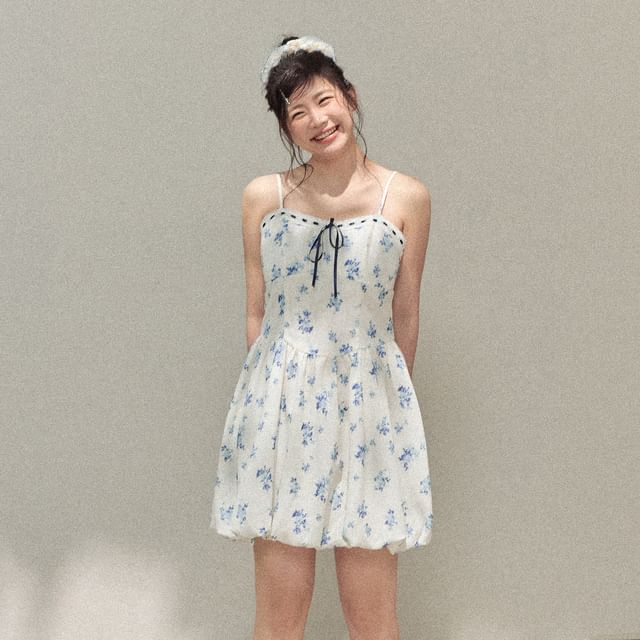 Plus Size Spaghetti Strap Floral Mini A-Line Dress / Plain Cardigan