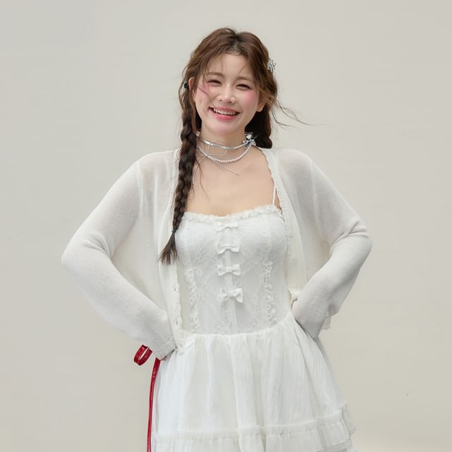 Plus Size Spaghetti Strap Plain Mini A-Line Dress / Plain Cardigan