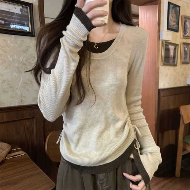 Long Sleeve Mock Two-Piece Color-Block Knit Top with Drawstring