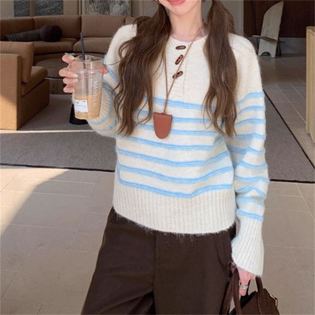 Henley Sweater with Stripes and Toggle Details