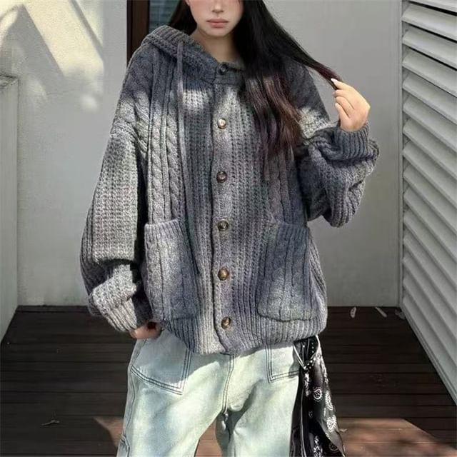 Plain Drawstring Hooded Cable Knit Cardigan