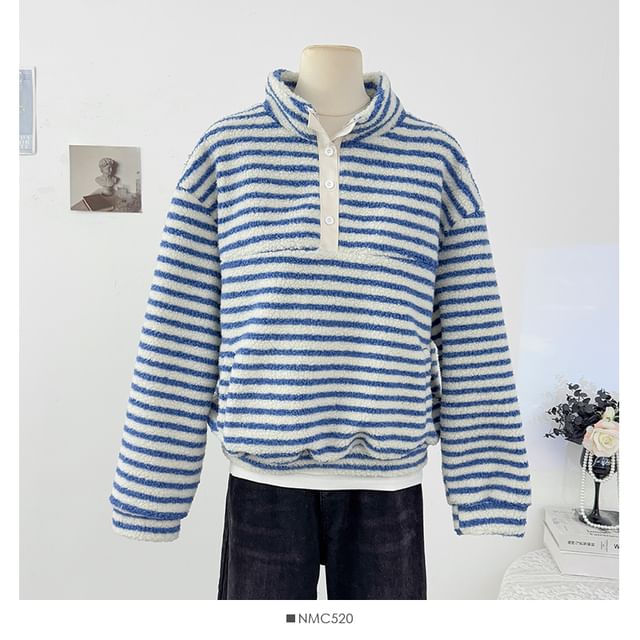 Loose-Fit Sweater with Stand Collar and Striped Long Sleeves