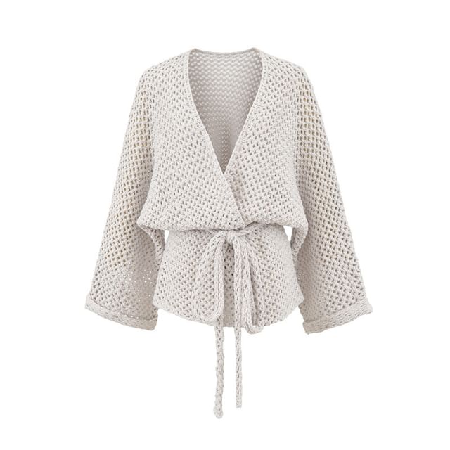V-Neck Perforated Tie Waist Plain Wrap Cardigan