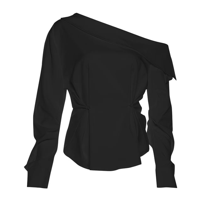 One-Shoulder Blouse with Long Sleeves, Wide Leg Pants, and Belt