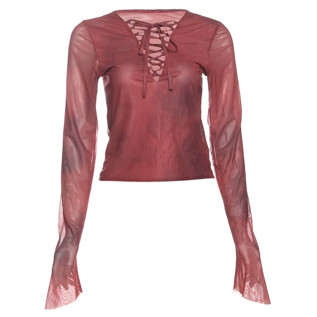 Asymmetrical Tie-Dyed Lace-Up Mesh Top with Buckled Mini Skirt