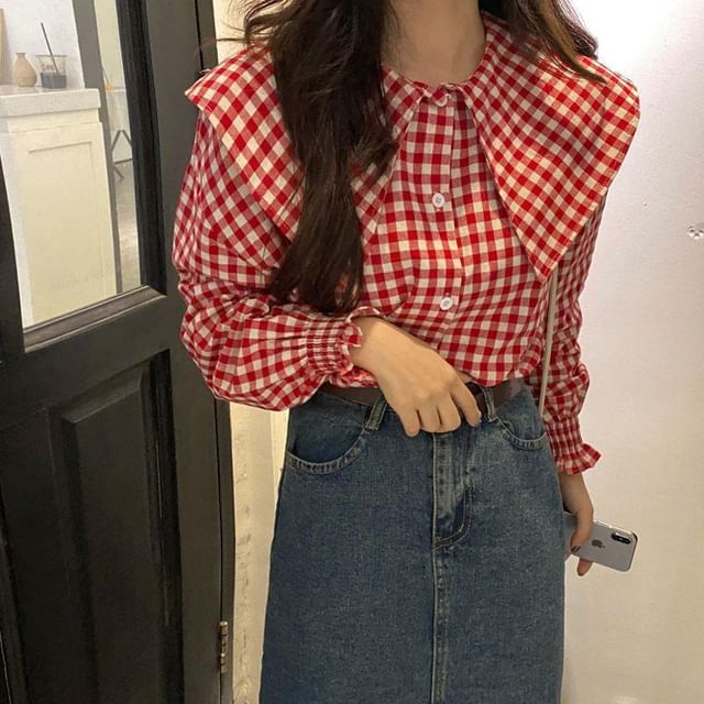 Long-Sleeve Gingham Check Blouse