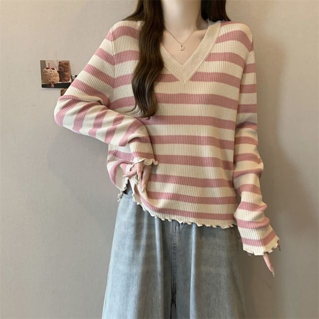 Ribbed Knit Top with V-Neck, Stripes, and Lettuce Edge Sleeves