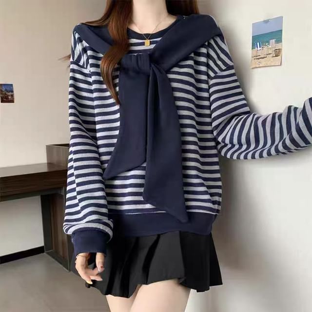 Striped Knot-Detail Crewneck Pullover Sweatshirt