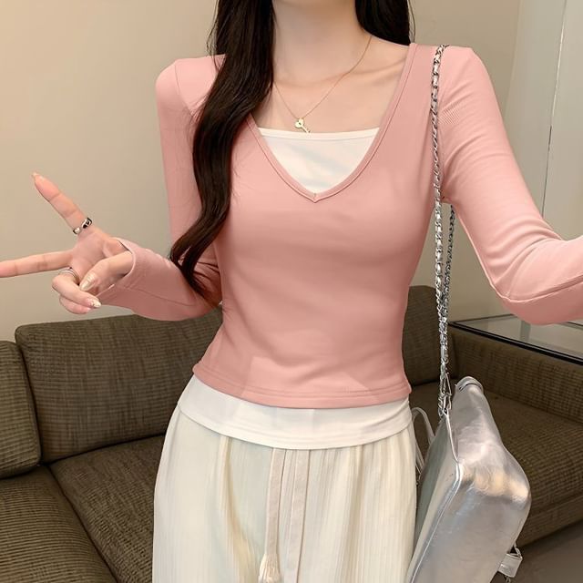 Slim Fit Two-Tone Tee with Mock Two-Piece Long Sleeves