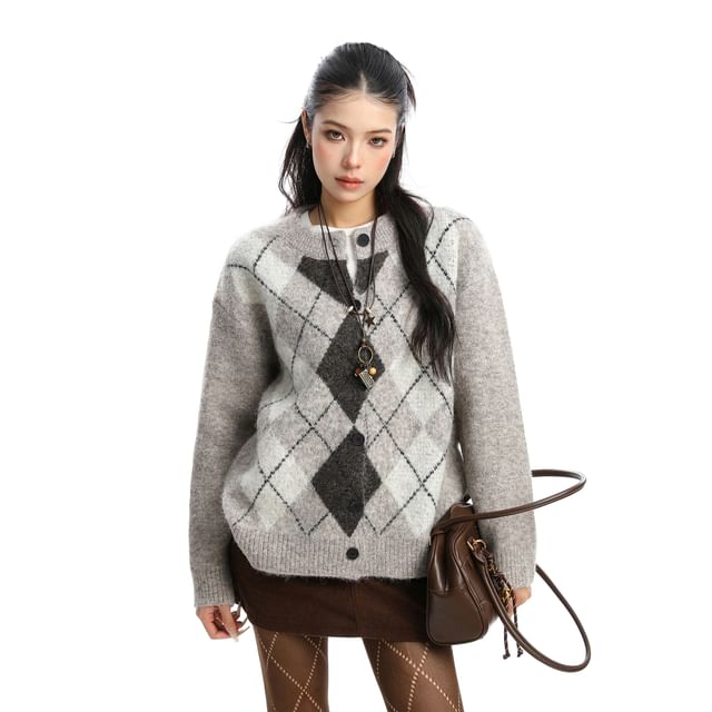 Round Neck Argyle Button Up Cardigan
