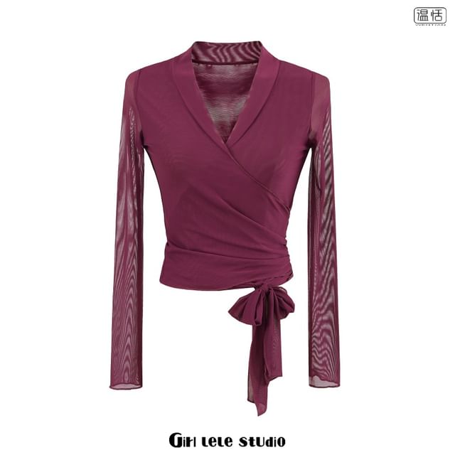 Slim Fit Wrap Top with V-Neck Knot Mesh Panel Long Sleeve