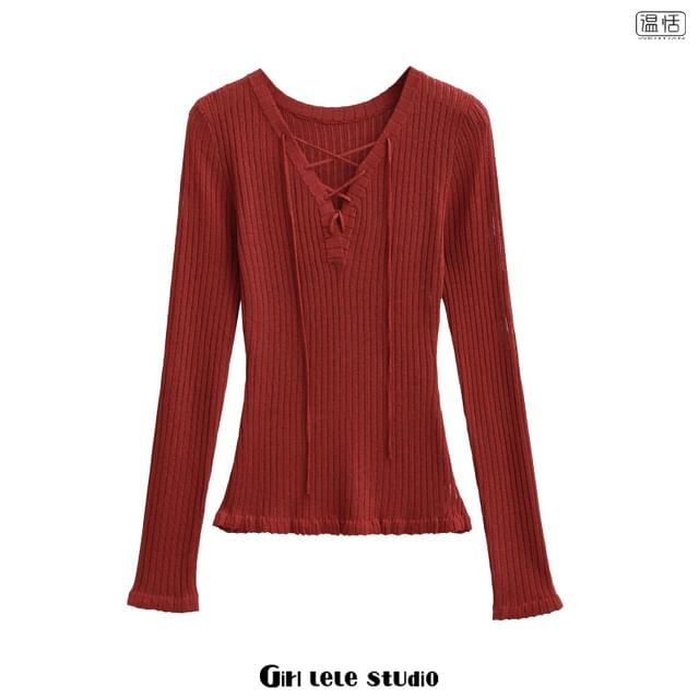 Ribbed Knit Top with Lace-Up Front V-Neck Long Sleeve