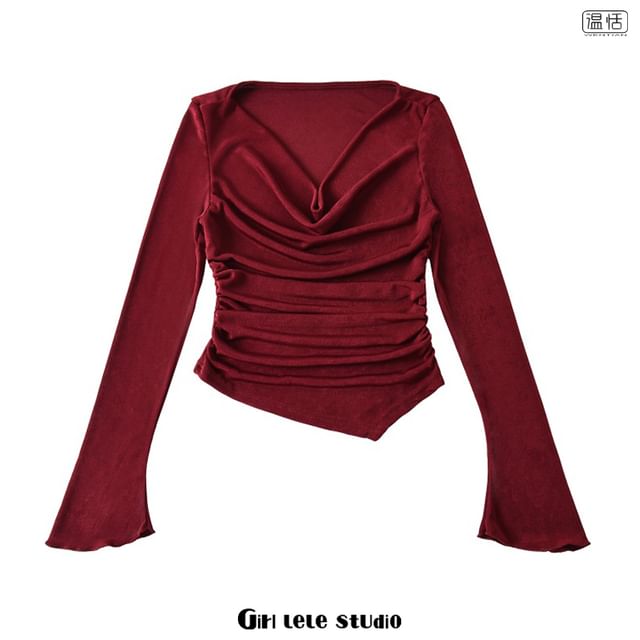 Asymmetric Ruched Cowl-Neck Long-Sleeve Fitted Tee