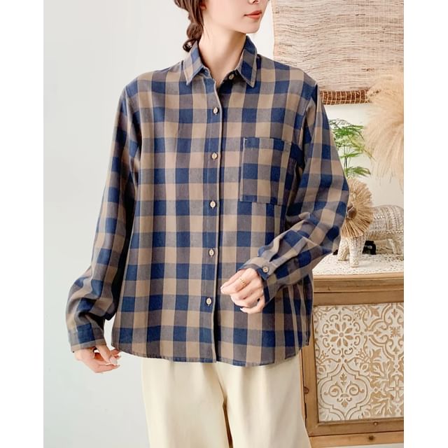 Long-Sleeve Collared Gingham Button-Up Blouse