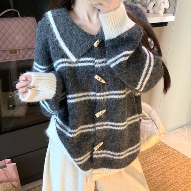 Collared Striped Toggle Cardigan