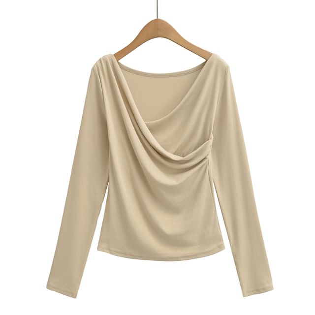 Ruched Long-Sleeve Solid Casual T-Shirt