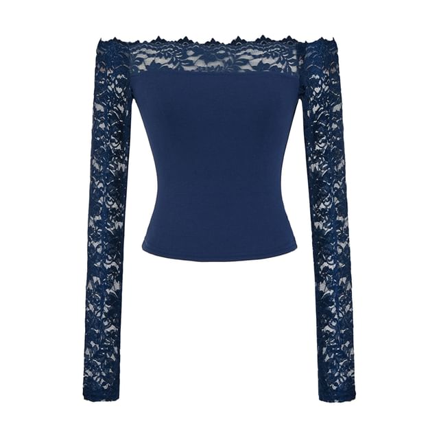 Off-Shoulder Lace-Trim Long-Sleeve Solid Tee