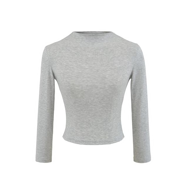 Mock-Neck Cropped Elbow-Sleeve Solid Tee