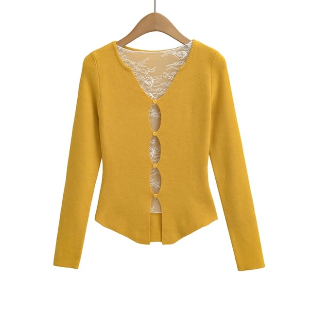 Boat-Neck Lace-Panel Long-Sleeve Solid Knit Top