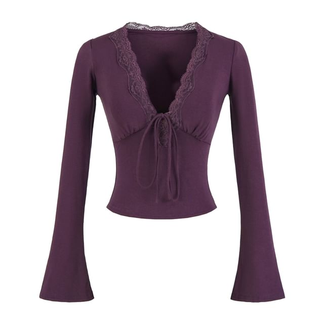 V-Neck Lace-Trim Flared-Sleeve Solid T-Shirt