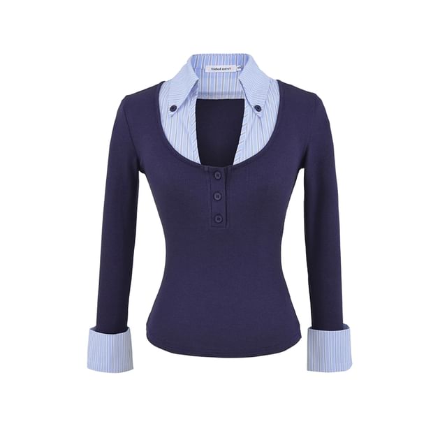 Striped Panel Mock-Layer Long-Sleeve Collared T-Shirt
